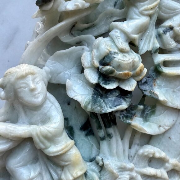 Jadeite Hehe Erxian (Immortal Twins) and Lotus Jade Carving Vintage - Picture 11 of 13